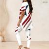 Women Plus Size White Red Blue Printed Round Neck Short Sleeve Longline Top Fitted Pants Two Piece Set