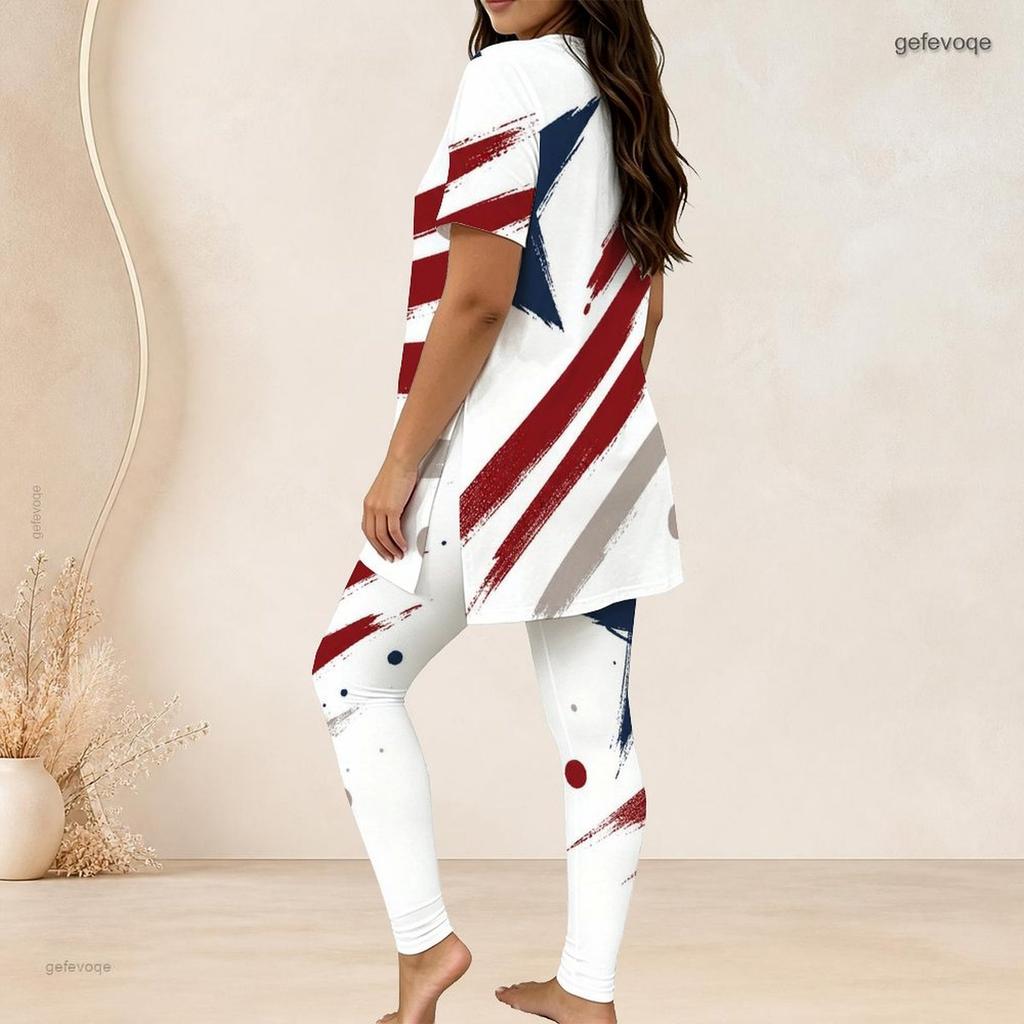 Women Plus Size White Red Blue Printed Round Neck Short Sleeve Longline Top Fitted Pants Two Piece Set