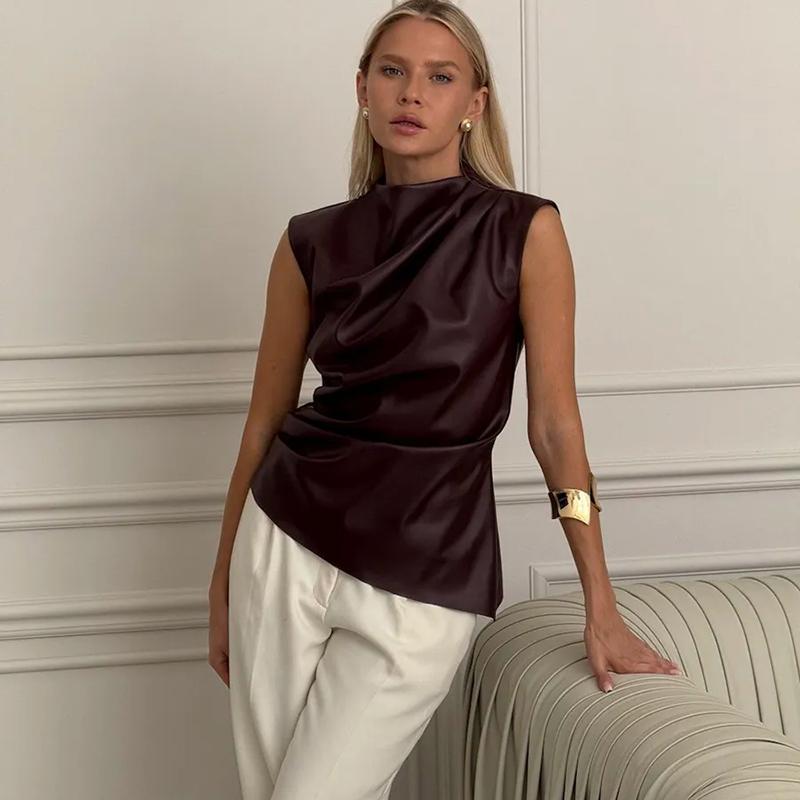 PU-Leder Tanktop Damen Asymmetrisch Raffiniert Sexy Stehkragen Plissiertes T-Shirt 2026 Frühling Neues Top Weste Camisole