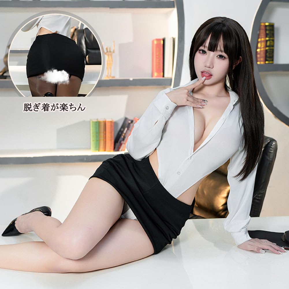 Sexy Female Office Lady Cosplay Leotard Mini Tie Open Fancy Free Event [SENMHS] Teacher, Secretary, Costume, & Skirt, Included, Neckline, Seductive,