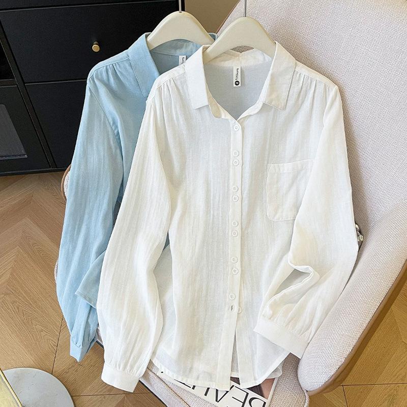 Literary and artistic style double-layer cotton yarn cotton shirt, simple design sense, spring and summer new breathable loose lapel long-sleeved top
