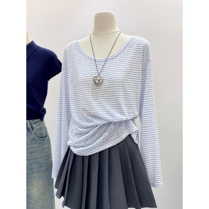 Striped, American Slash Shoulder Striped Sunscreen Blouse Long Sleeve T-Shirt Women s Summer Off-Shoulder Top S