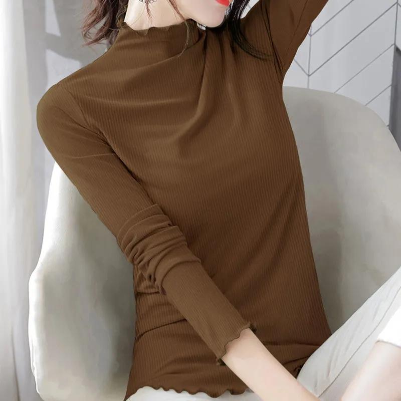 Cămașă de bază cu gât semi-înalt de primăvară și toamnă, culoare uni, mânecă lungă, slim, îmbrăcăminte exterioară, pulover subțire