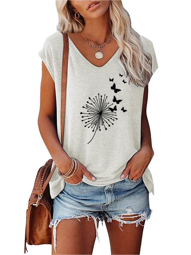 

Women Fashion T-shirt Summer V Collar Print Short Sleeve Top Ladies Casual Tee Shirt S