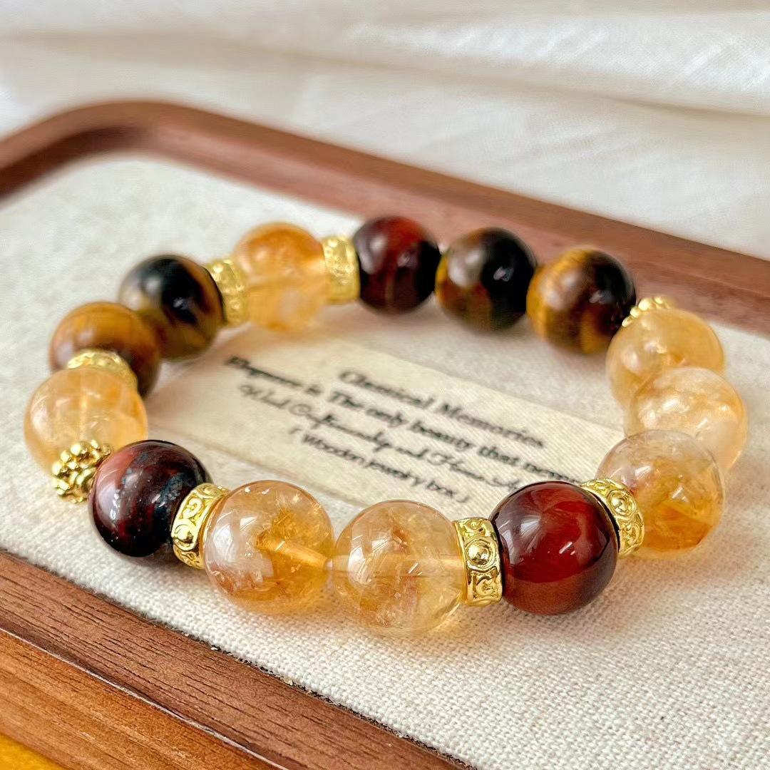 12Mm Large Particle Retro Autumn And Winter Merad Wind Natural Tiger S Eye Stone Citrine Contrasting Color Bracelet Bracelet.