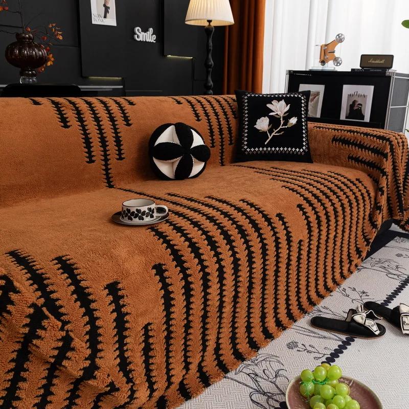 1pc Plush Sofa Cover - Modern Black & White Geometric Pattern,it for 1/2/3/4-Seater & Sectional Sofas - Luxury Living Room Decor