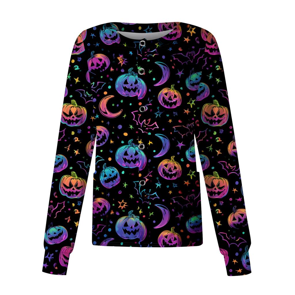 Women's Casual Long Sleeve Button Down Halloween Print Top for Costume Wear