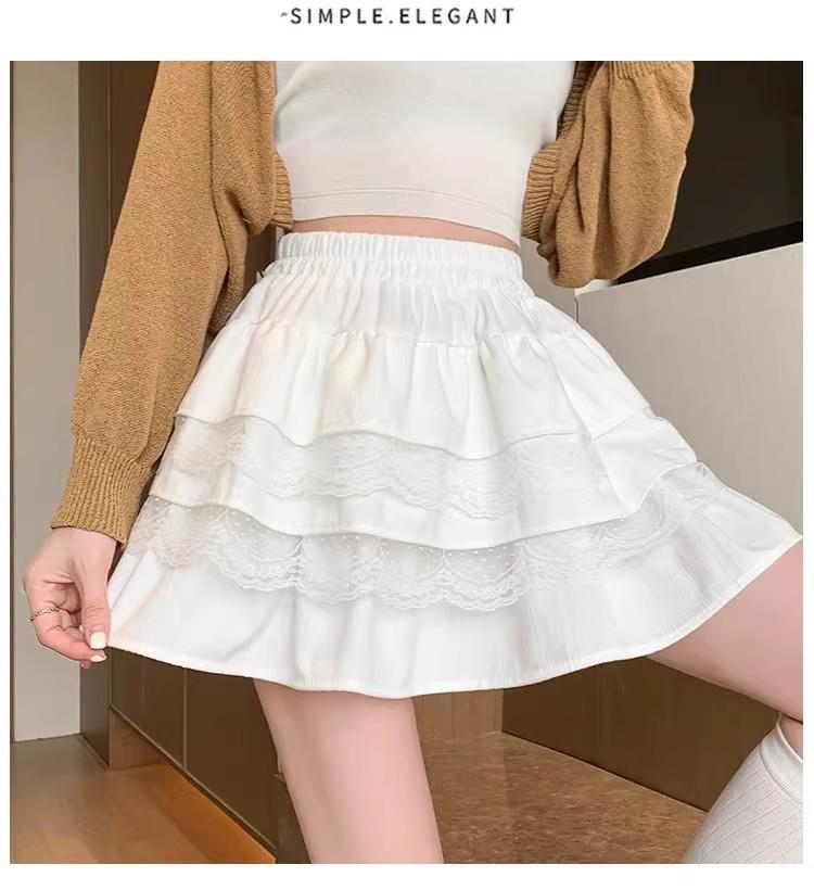 Women s White Lace High-Waist Pleated A-Line Skirt - Spring/Autumn Ballet Style XS