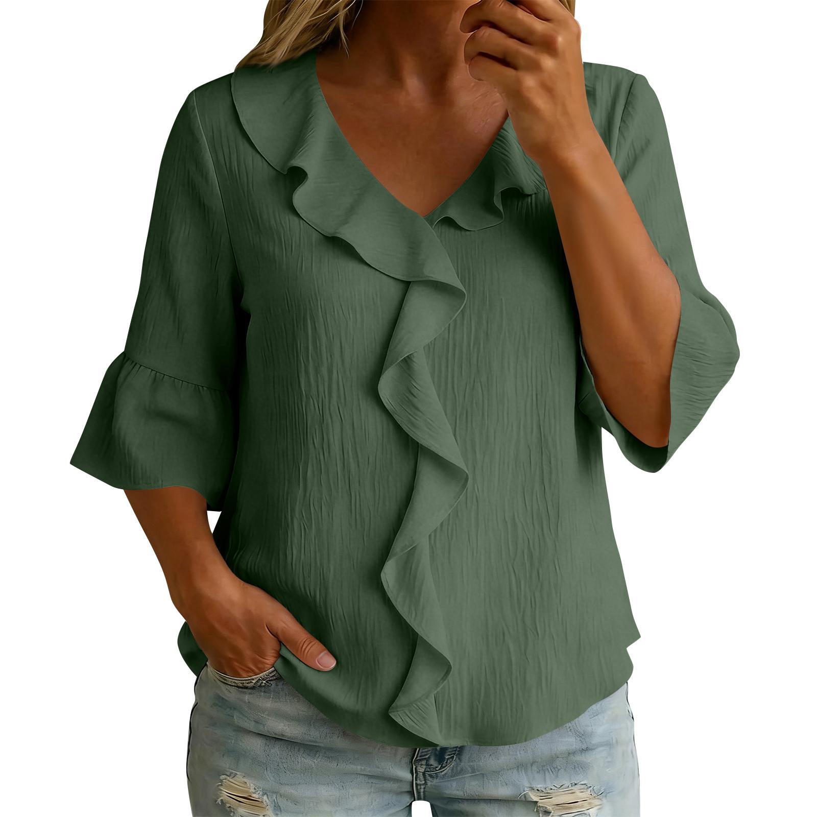 

Womens ShrotSleeveTops Cotton Linen Button Down Shirts V Neck Pleated Casual Loose Sleeve Shirt XXL зелений
