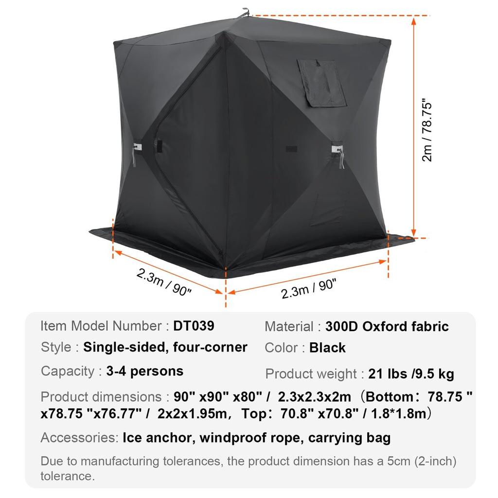 Portable Ice Shelter, 3-4 Person Pop-Up Ice Fishing Tent, 43 Square Feet Fishable Area, Ice Shanty for Winter Fishing, Waterproof Oxford Ice Cube with