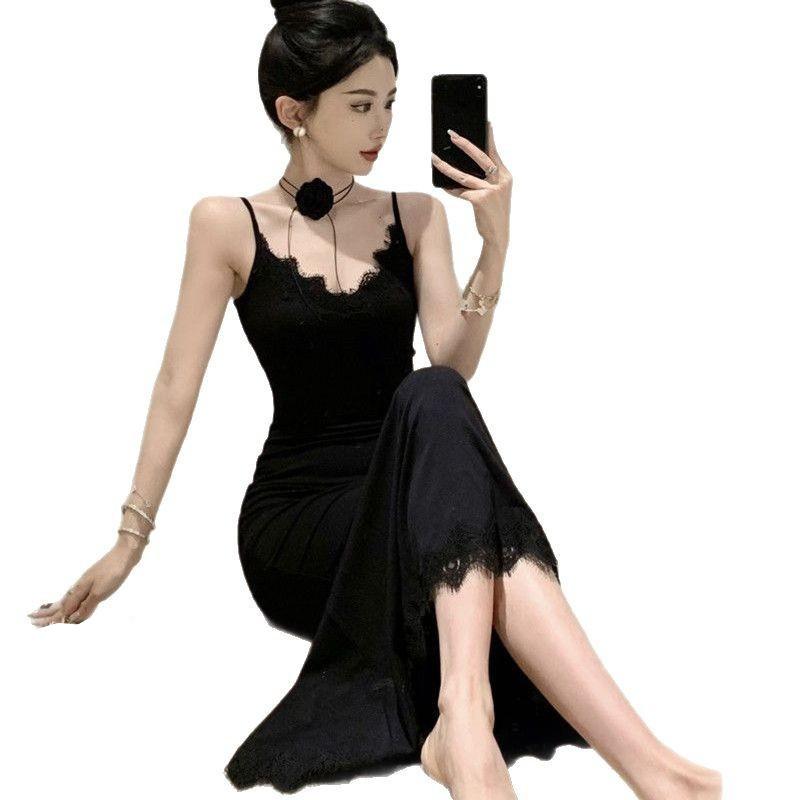 Pure lace suspender dress women's new Spice Girl waist thin black backing slim temperament long dress