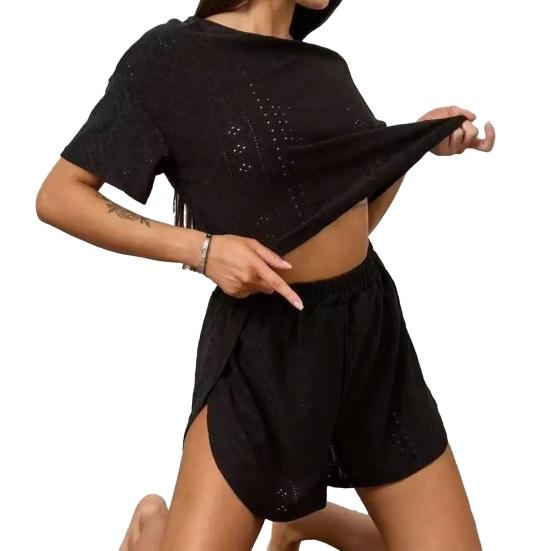 

Летний комплект из 2 предметов пижамы с вышивкой для женщин: топ с коротким рукавом и круглым вырезом и шорты. Летний повседневный комплект пижамы для сна. M