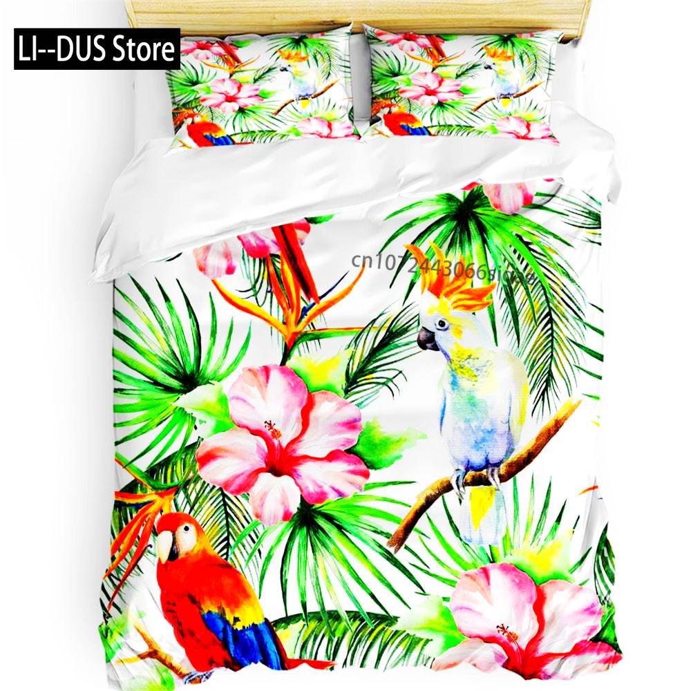 Comforter Parrot King Queen Bedding Set Cute Birds Colourful Feather Tropical Flowers Comforter Polyester