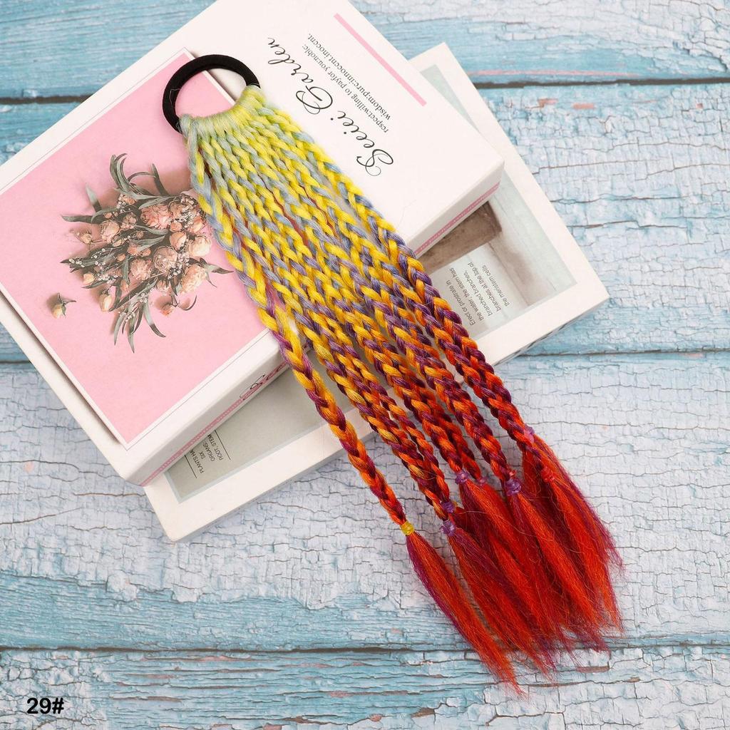 Rubber Band Ponytail Short Colored Braided Hair Extension Rainbow Colorful Synthetic Ponytails for Girls Daily Party Use
