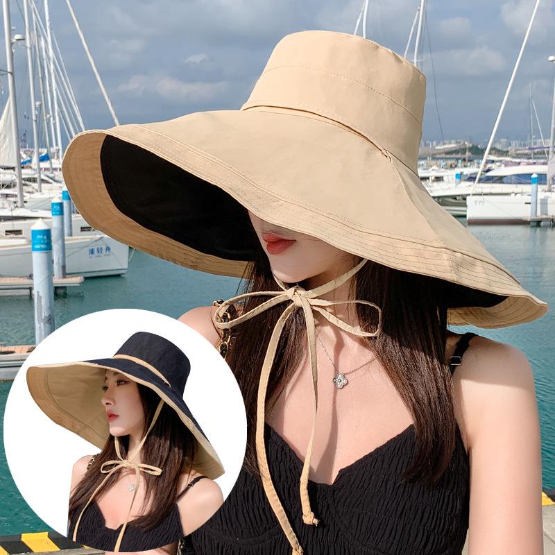 Women's Double-Sided Windproof Seaside Sun Hat with Large Brim for Summer
