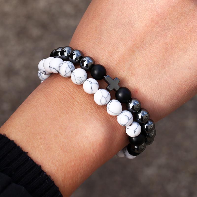 Matte Black Cubic Zirconia Ball & UFO Pendant Braided Bracelet Set
