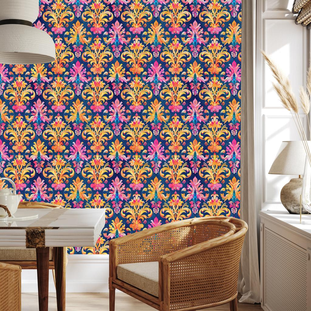 Baroque Damask Wallpaper Blue and Gold for Living Room and Bedroom 50x1000