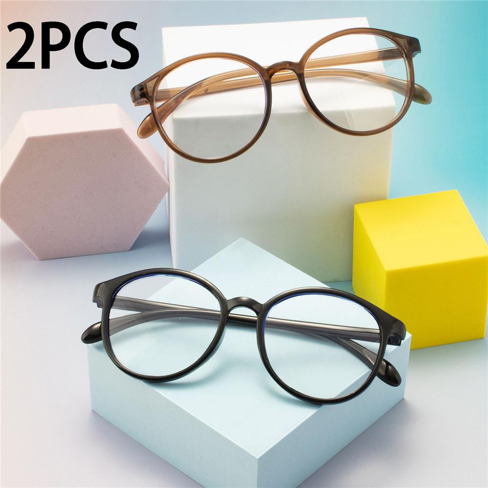 2PCS Round Non-Prescription Reading Glasses - Cute Full Rim PC Frame with Clear Polycarbonate Lenses