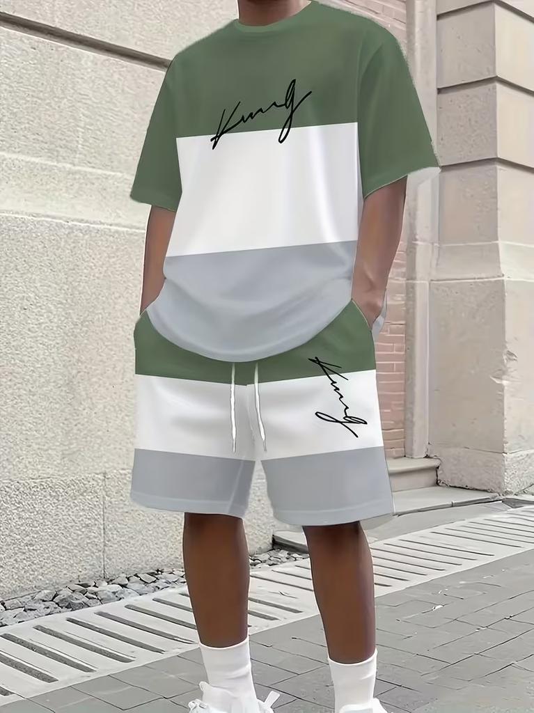 Heren King Letterprint T-shirt Shorts 2-delige Set Grote Maten Heren Sport Shorts met Trekkoord Zak Steek Kleur T-shirt Pak