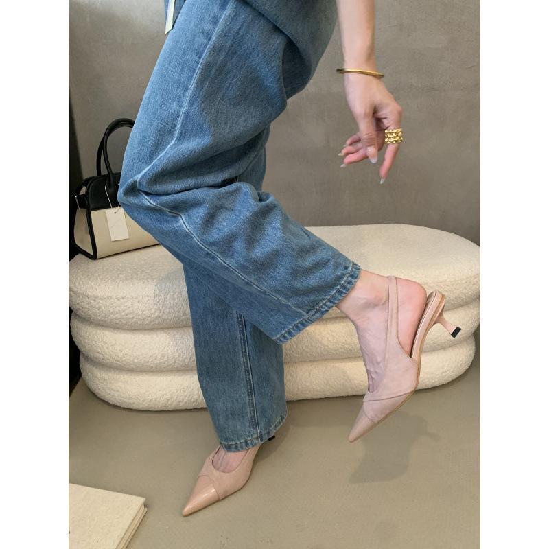 

New pointed thin heel medium heel bag head rear empty sandals splicing high heels commuter single shoes women s shoes 35 серебряный