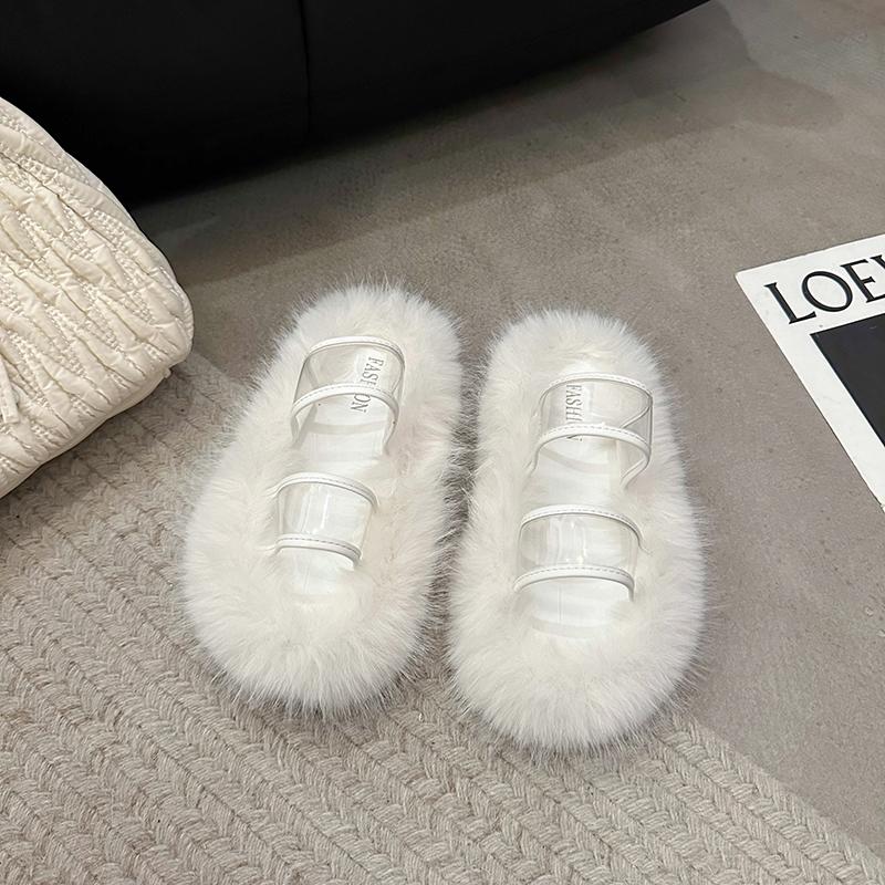 

Aphixta Теплые Зимние Меховые Плюшевые Женские Тапочки Меховые Транспорантные Ремешки Обувь Круглый Носок Плоский Каблук Шлепанцы для Волос zapatos Домашняя Обувь 35