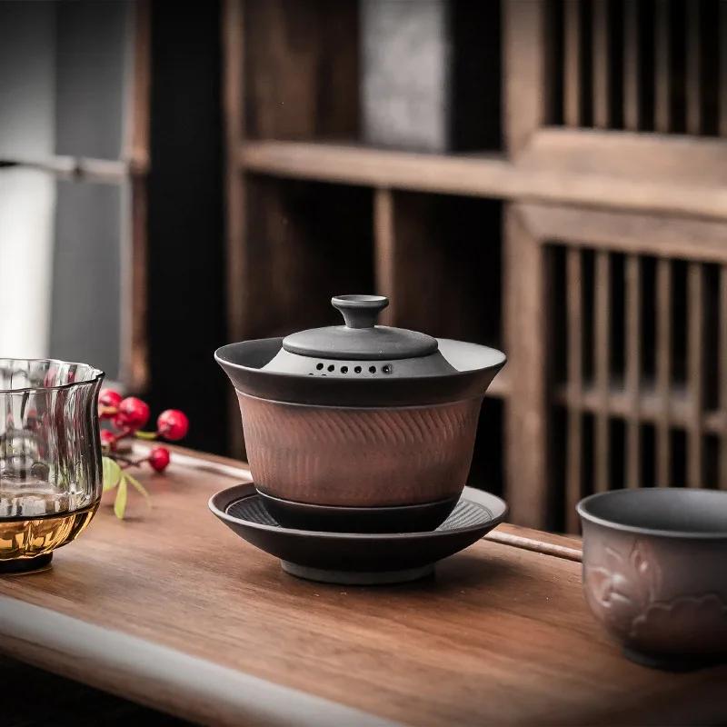 Purple Pottery Tea Set Sancai Gaiwan Tea Cup Single High-Grade Kung Fu Tea Bowl with Lid Ceramic Gaiwan Household
