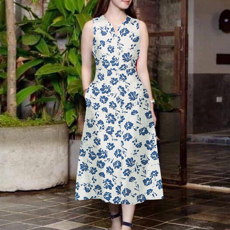 

ZANZEA Женское летнее платье с V-образным вырезом, без рукавов, повседневное, с принтом 5XL белый