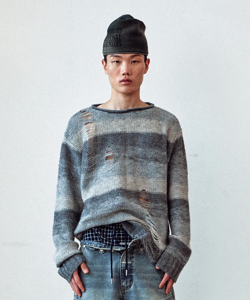 THEVINYLHOUSE Grunge Stripe Sweater Gray