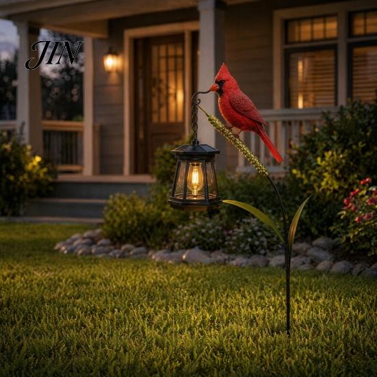 Tealight Candle Holder Outdoor Metal Red Bird Garden Stake Lamp, Vintage Lantern for Cemetery Yard Patio, Hollow For Candles Rustic Ornament,