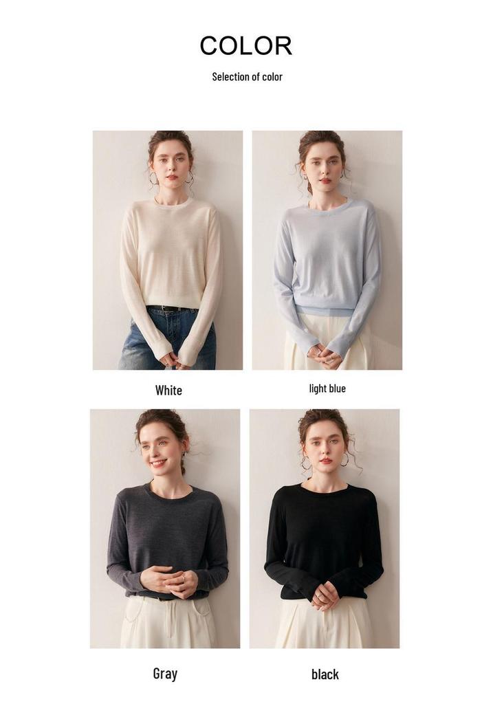 Women's Pure Wool Round Neck Knit Sweater - Autumn/Winter Base Layer