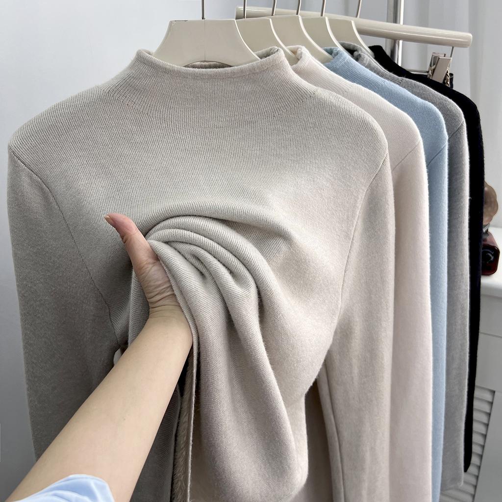Spring, Autumn and Winter New Milk Waxy Versatile Semi-turtleneck Plush Thickened Sweater Bottom Shirt Femininity Inner Top