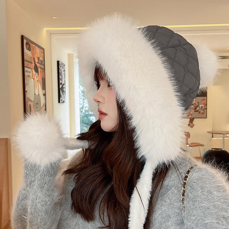 Korean Style Warm Lei Feng Hat for Women In Autumn and Winter Fur Ball Ears Plush Hat Plus Velvet Thickening Cycling Ear Protection Hat