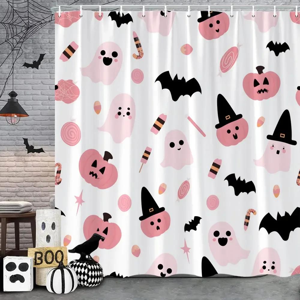 ~O~Pink Cute Halloween Shower Curtain Ghost Pumpkin Bat Skull Polyester Fabric Kids Shower Curtain Girls Bathroom Decor Strap Ho
