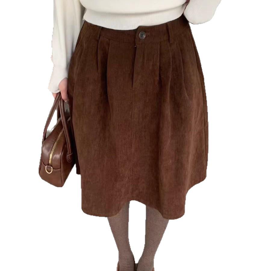 Highly recommended! Elegant A-line corduroy skirt for women, perfect for autumn/winter. Simple and versatile with a high-end aura.
