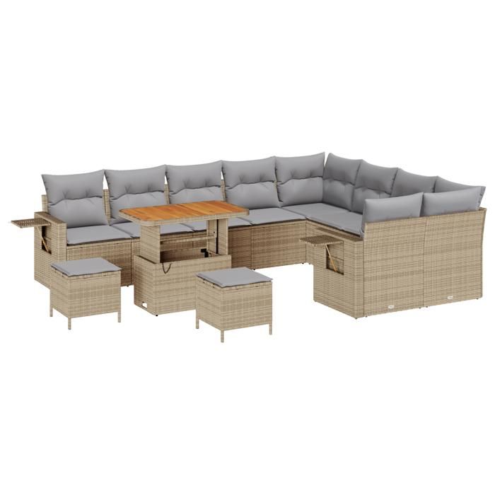 Ensemble de Canapés de Jardin de 12 pièces avec Coussins Beige Poly Rattan Acacia, Ensemble de Salle à Manger de Jardin de 3 3363737