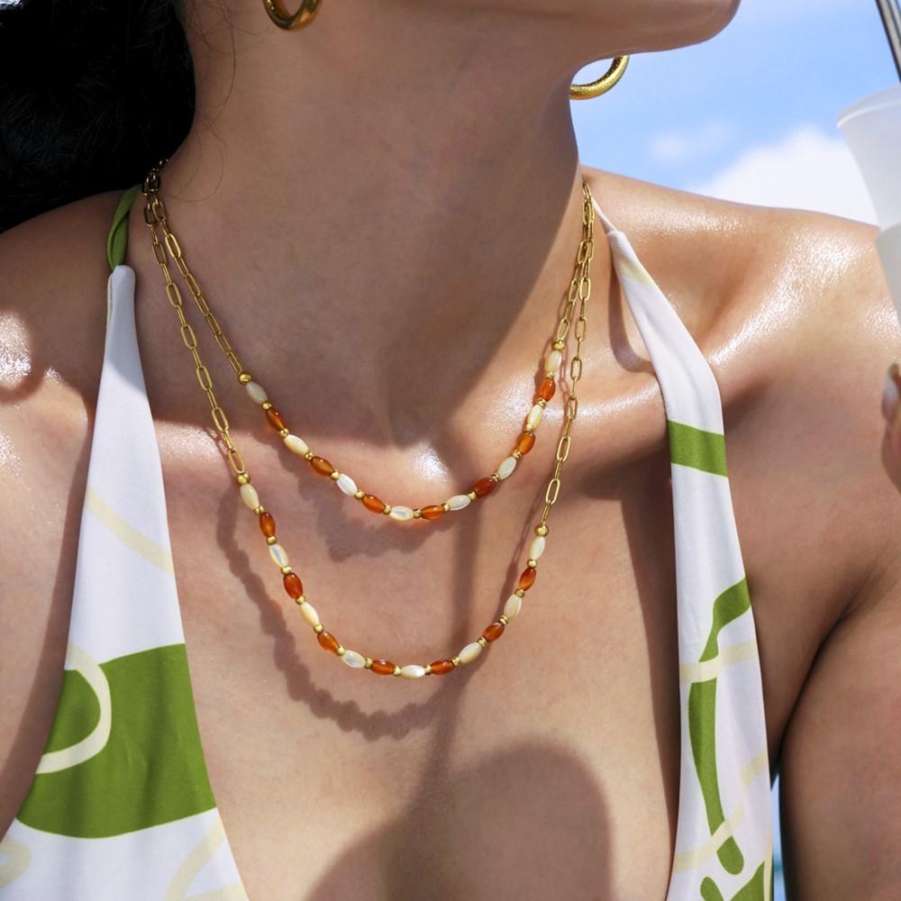 Chain Necklace Bracelet In Stainless Steel 18k Gold Plated With Agate And Shell Beads Necklaces Bracelets For Women