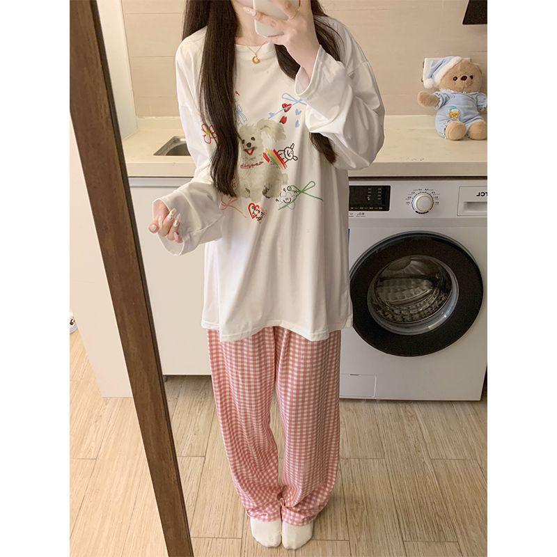 Women's Cartoon Style Autumn Pajamas Set - Long Sleeve, Long Pants, Wearable Outdoors, Imitation Cotton and Pure Cotton Fabric