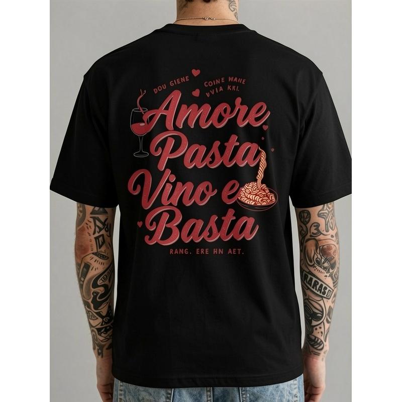 Men'S Italian And Wine T-Shirt - Pasta Print with Italian Phrases 'Amore Pasta, Vino E Basta' - Casual Short Sleeve Shirt, Relaxed Fit Gift for Pasta
