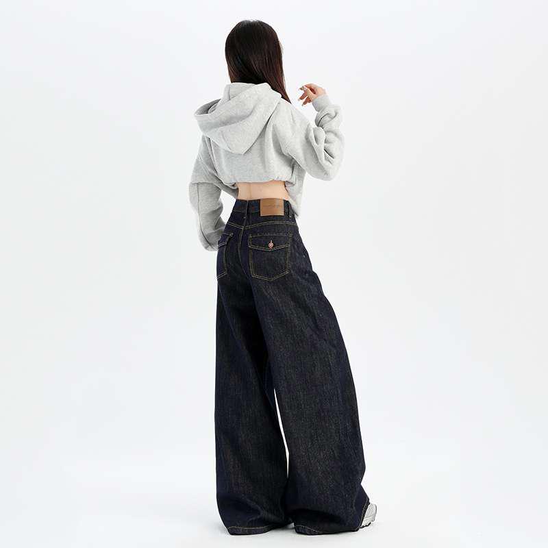 Low-Waist Wide-Leg Raw Denim Women s Retro Straight-Leg Jeans L