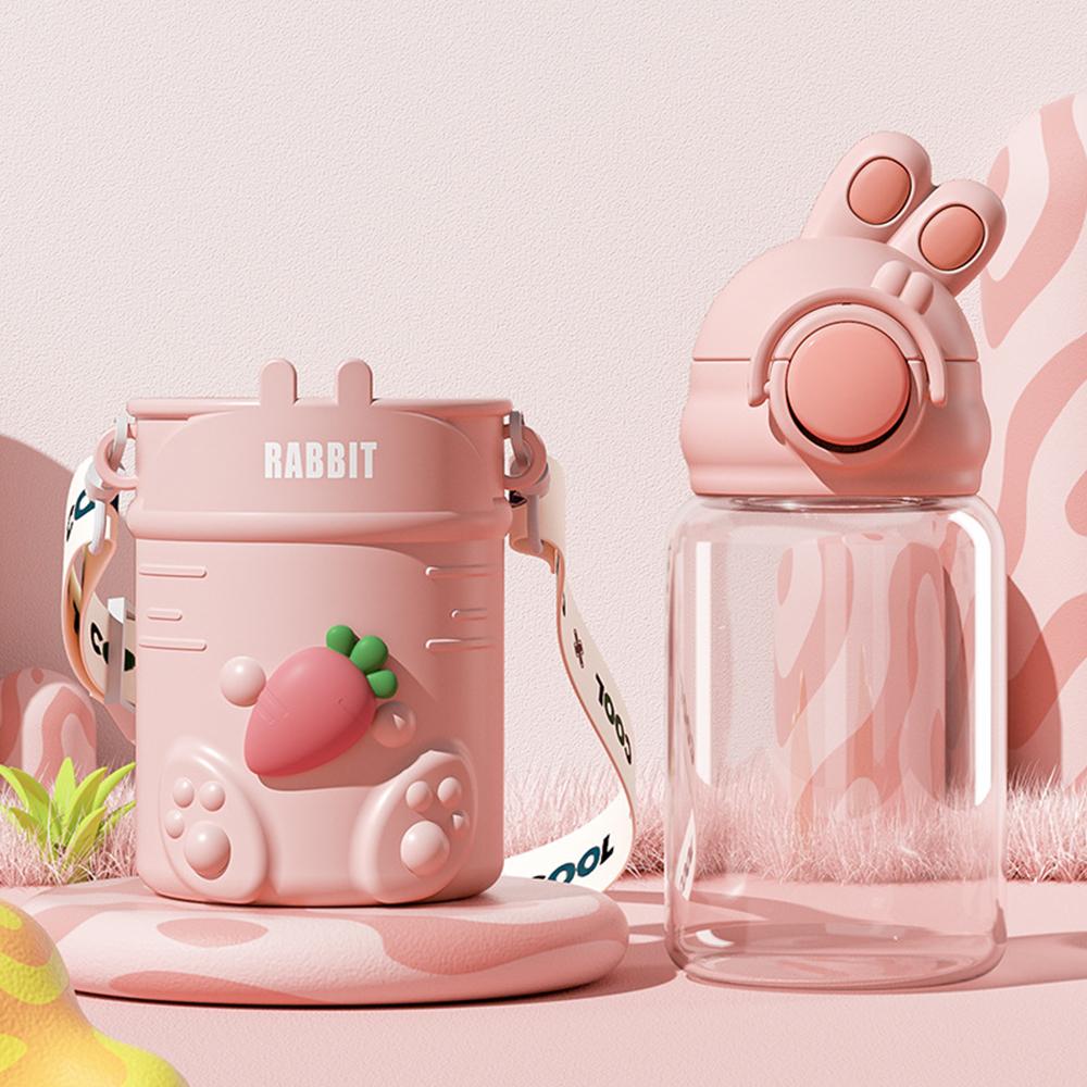 600ML Cartoon Bunny Kids Water Bottle With Straw Children Plastic Cup Lightweight Anti-falling Leakproof Drinking Bottle Drinkware