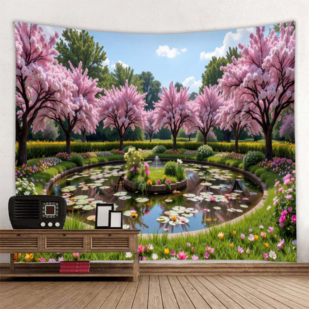 Garden Pond Lotus Leaf Tapestry Flower Landscape Wall Hanging Cloth Romantic Aesthetics Home Living Room Bedroom Decoration