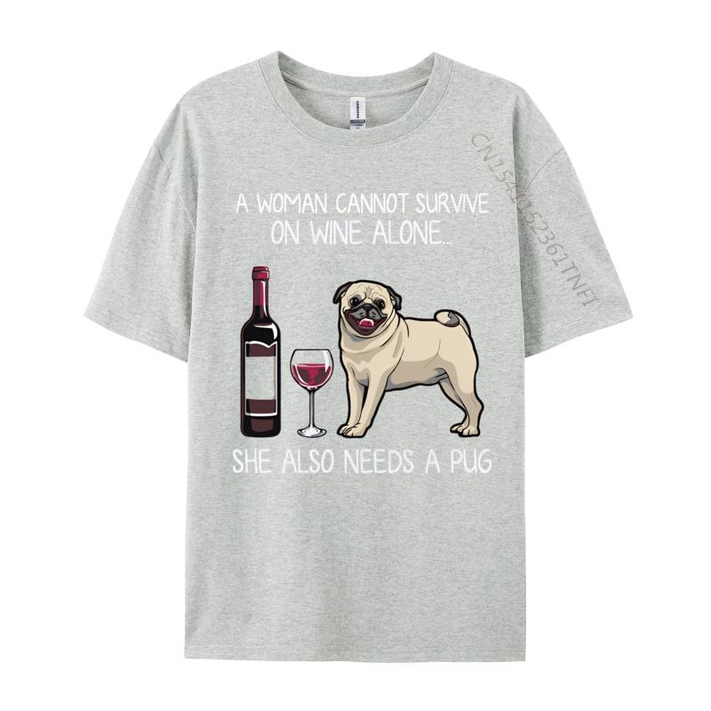 New Hot Sales Pug And Wine Funny Relaxed Fit Tshirt Print Unisex TShirt Fashion Design Tops Tee Cream T Shirt