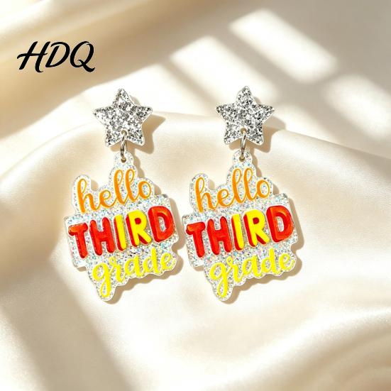 Fashionable Holiday Earrings 1 Pair Colorful Acrylic Letter Drop Dangle for Women Glitter Funny First Retro Style Jewelry Day of School Earring,