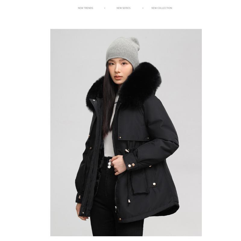 Veste d'hiver pour femme à col en fourrure, à capuche, coupe-vent, légère, épaisse, chaude, mi-longue, décontractée, sportive, parka, veste en coton