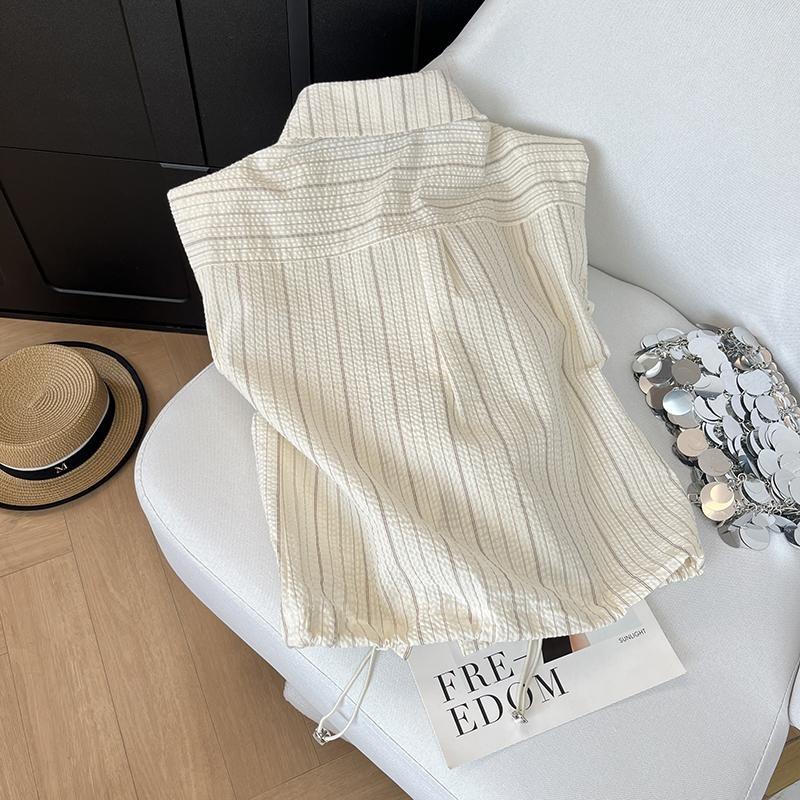 2025 summer new fashion short-sleeved striped shirt women's design sense niche drawstring short top