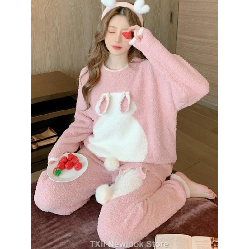 

Зимний женский пижамный комплект с кроликом из кораллового бархата, теплый, удобный и милый для дома и улицы XL розовый