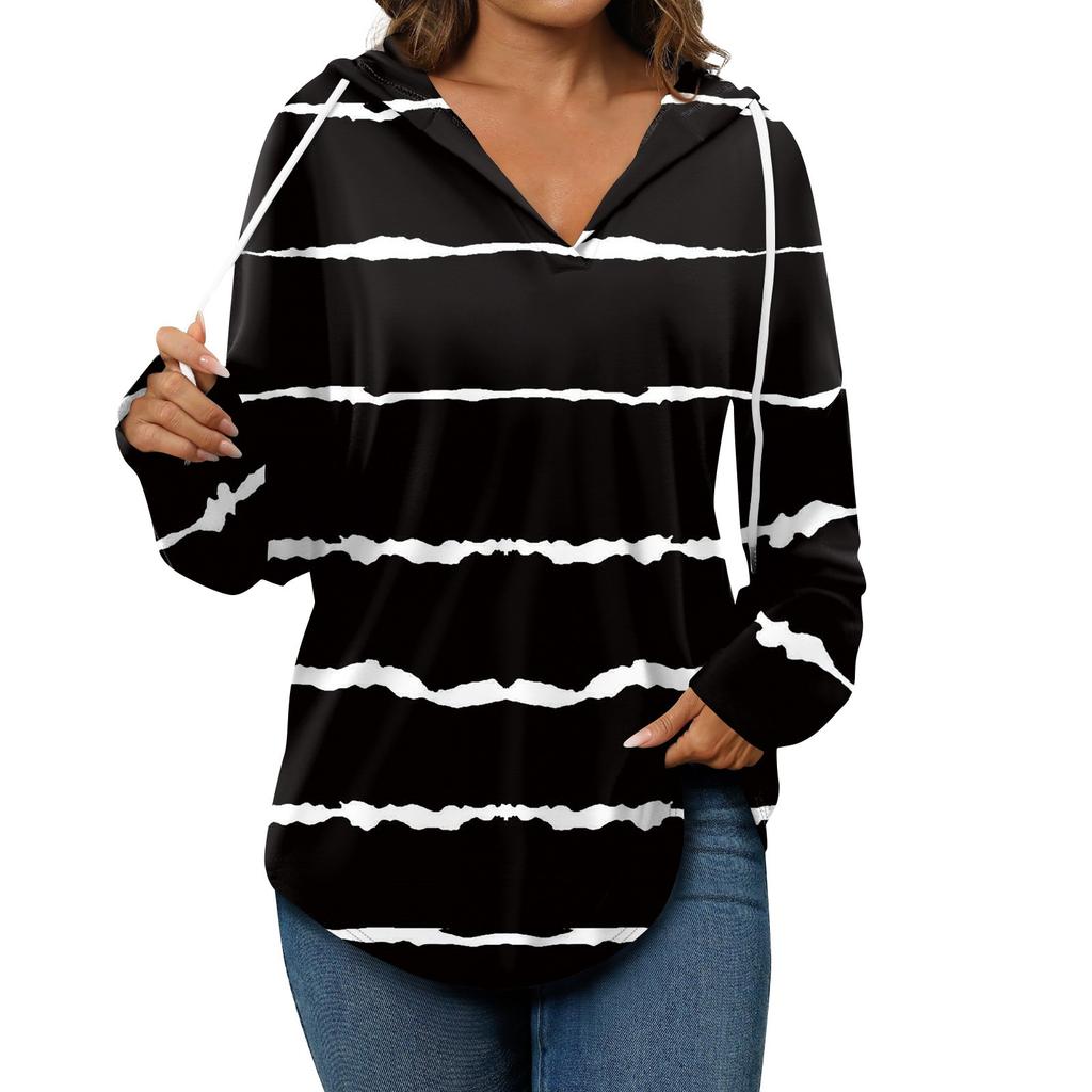 Damenmode Lässiges V-Ausschnitt Kordelzug Bedrucktes Langarm-Pullover-Oberteil