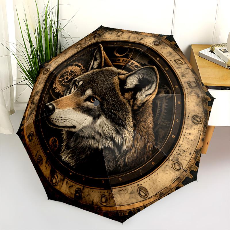 Gear Wolf pattern, automatic folding umbrella, portable and foldable design, 8 ribs, a Christmas or birthday gift.