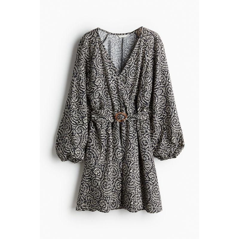 

HM Women s Dress Autumn Stomach Blanket Style with Belt Lantern Raglan Sleeve Dress 1236518 Black/Pattern 155/80(XS)