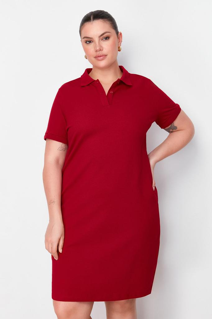 Women's Style Plus Size Claret Red Polo Neck Mini Knitted Dress